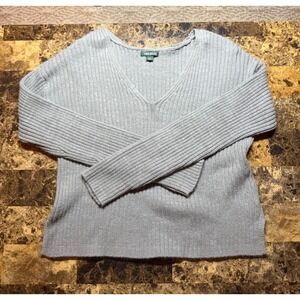 Wild Fable Gray Ribbed V Neck Long Sleeve Sweater Top Women Size L‎